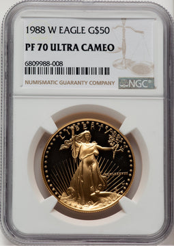 1988-W $50 One-Ounce Gold Eagle Brown Label NGC PF70 (521154020)