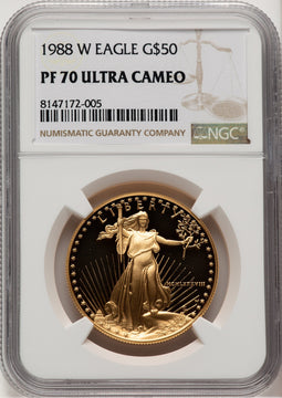 1988-W $50 One-Ounce Gold Eagle Brown Label NGC PF70 (521154017)