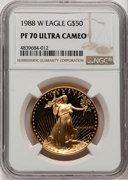 1988-W $50 One-Ounce Gold Eagle Brown Label NGC PF70 (521154013)