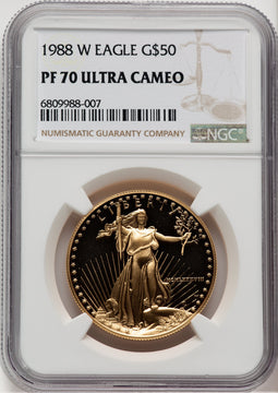 1988-W $50 One-Ounce Gold Eagle Brown Label NGC PF70 (521154016)