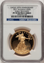 2011-W $50 One-Ounce Gold Eagle 25th Anniversary First Strike ER Blue NGC PF70 (521154004)
