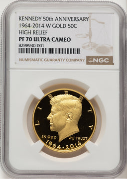 2014-W 50C Kennedy Gold 50th Anniversary Brown Label Proof Kennedy Half Dollar NGC PR70 (777481001)