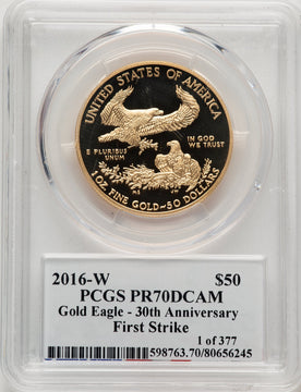 2016-W $50 One-Ounce Gold Eagle 30th Anniversary First Strike Moy Signature FS PCGS PR70 Ed Moy