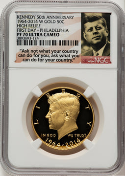 2014-W 50C Kennedy Gold 50th Anniversary 1st Day of Issue Proof Kennedy Half Dollar NGC PR70 (777388001)
