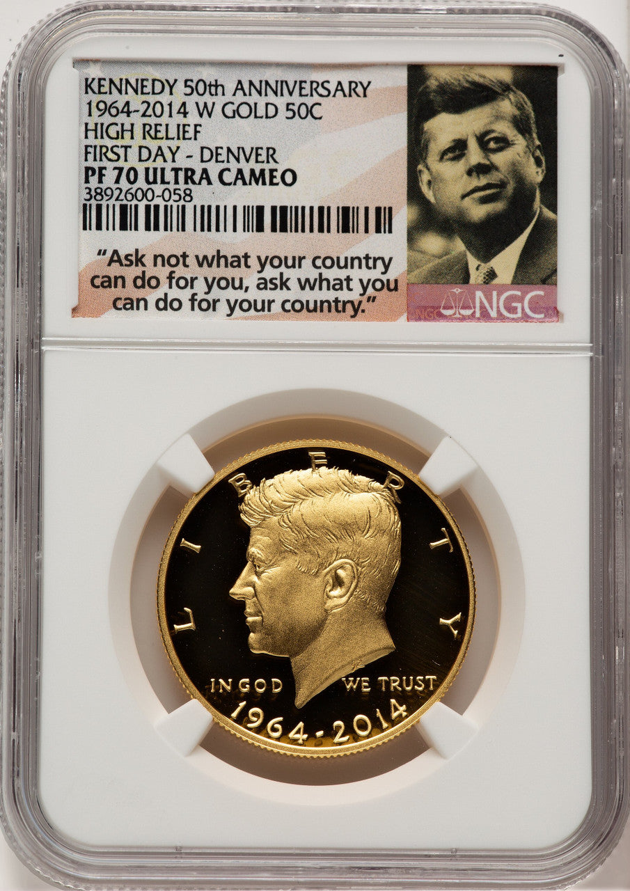2014-W 50C Kennedy Gold 50th Anniversary FDI - Denver Proof Kennedy Half Dollar NGC PR70