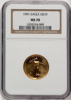 1991 $10 Quarter-Ounce Gold Eagle Brown Label NGC MS70