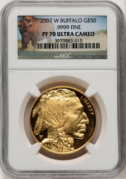 2007-W G$50 One-Ounce Gold Buffalo .9999 Fine Gold Bison Label NGC PF70