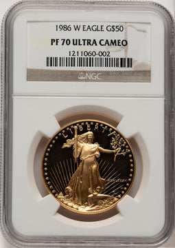 1986-W $50 One-Ounce Gold Eagle Brown Label NGC PF70 (777749011)