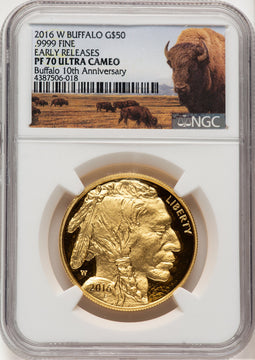 2016-W $50 One-Ounce Gold Buffalo Tenth Anniversary First Strike ER Bison Label NGC PF70