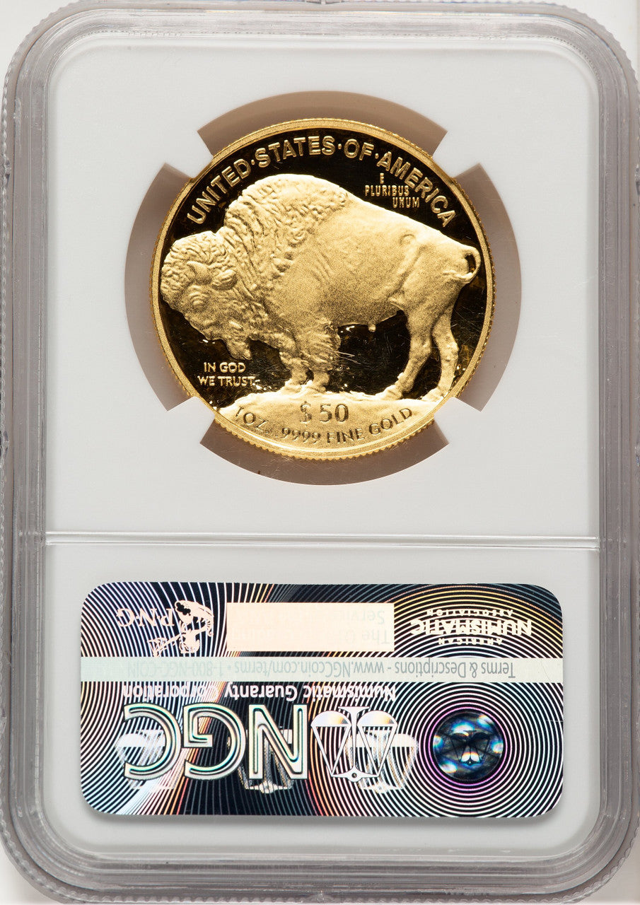 2016-W $50 One-Ounce Gold Buffalo Tenth Anniversary First Strike ER Bison Label NGC PF70
