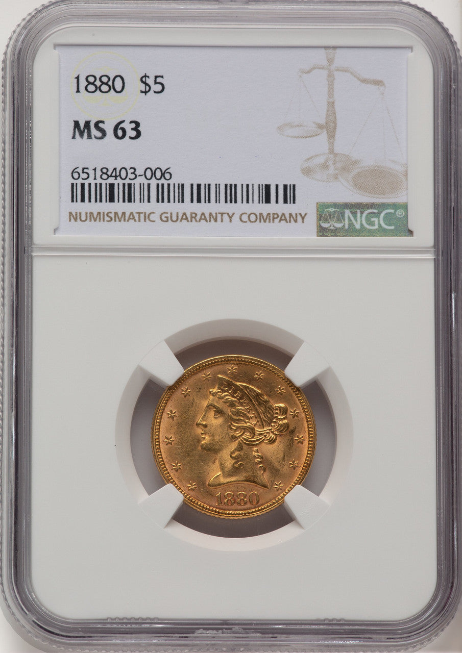 1880 $5 Liberty Half Eagle NGC MS63