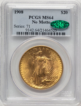 1908 $20 NO MOTTO CAC Saint-Gaudens Double Eagle PCGS MS64 (778032033)