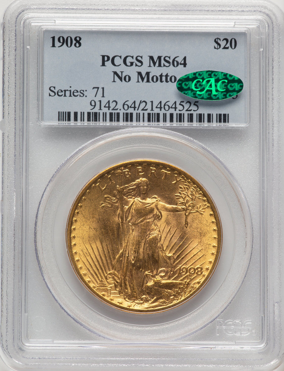 1908 $20 NO MOTTO CAC Saint-Gaudens Double Eagle PCGS MS64 (778032033)