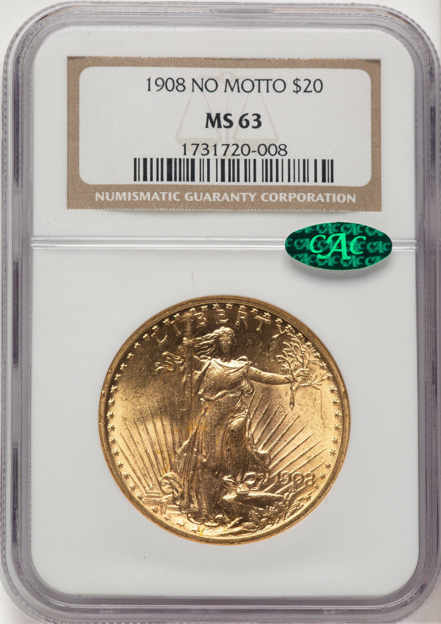 1908 $20 NO MOTTO CAC Saint-Gaudens Double Eagle NGC MS63