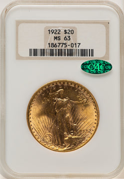 1922 $20 CAC Saint-Gaudens Double Eagle NGC MS63
