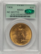 1908 $20 NO MOTTO Saint-Gaudens Double Eagle PCGS MS63