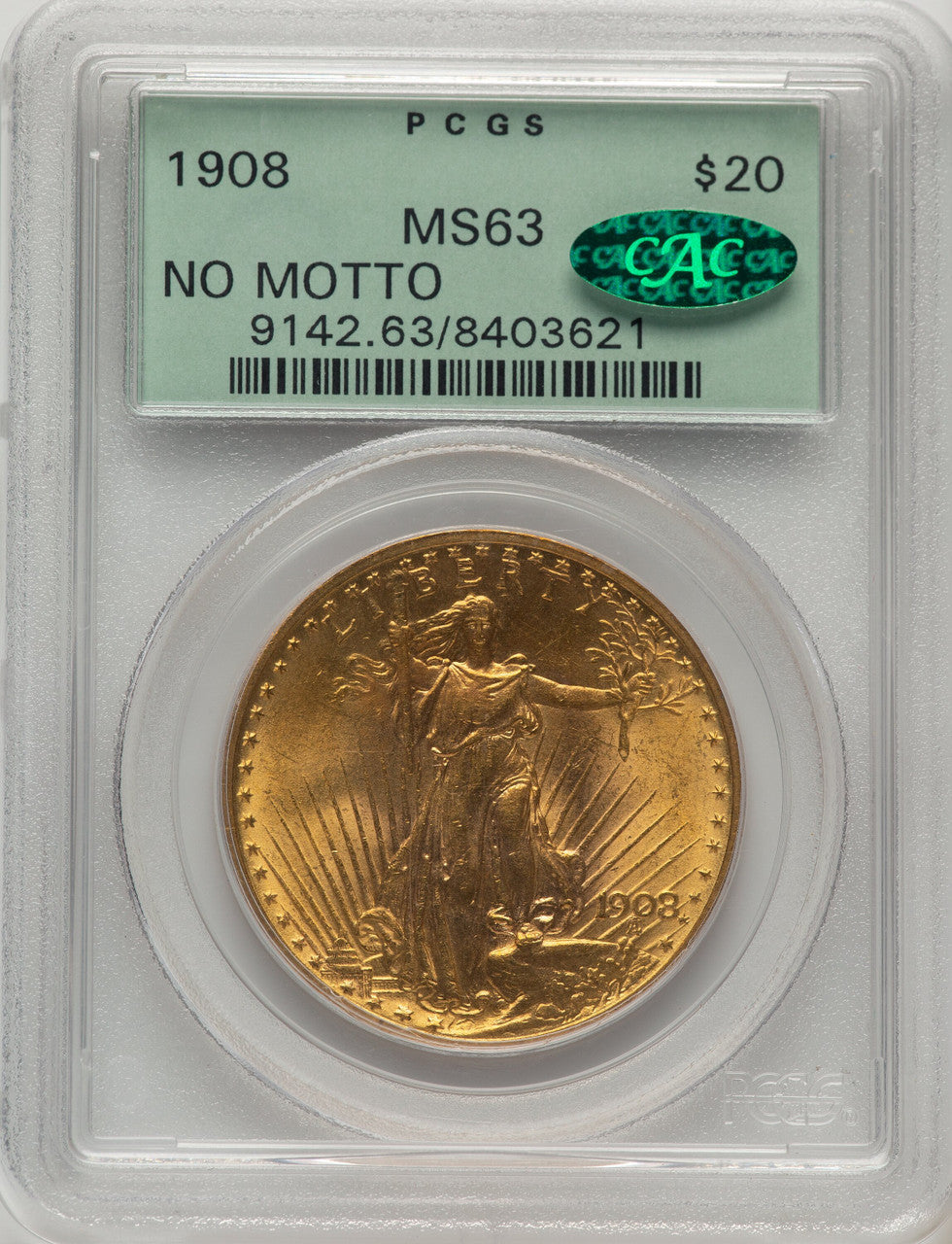 1908 $20 NO MOTTO Saint-Gaudens Double Eagle PCGS MS63