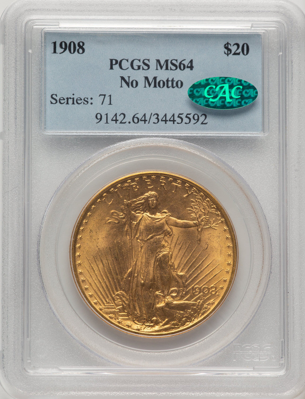 1908 $20 NO MOTTO CAC Saint-Gaudens Double Eagle PCGS MS64 (778032032)
