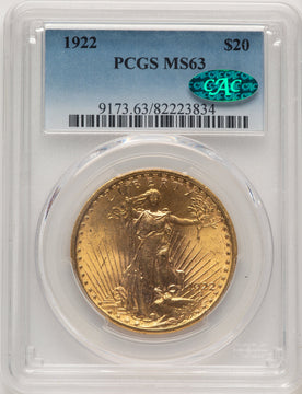 1922 $20 CAC Saint-Gaudens Double Eagle PCGS MS63