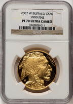 2007-W G$50 One-Ounce Gold Buffalo .9999 Fine Gold Brown Label NGC PF70 (521154025)