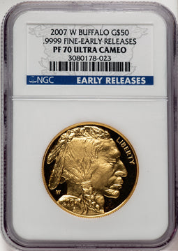 2007-W $50 One-Ounce Gold Buffalo First Strike ER Blue NGC PF70 (521154022)