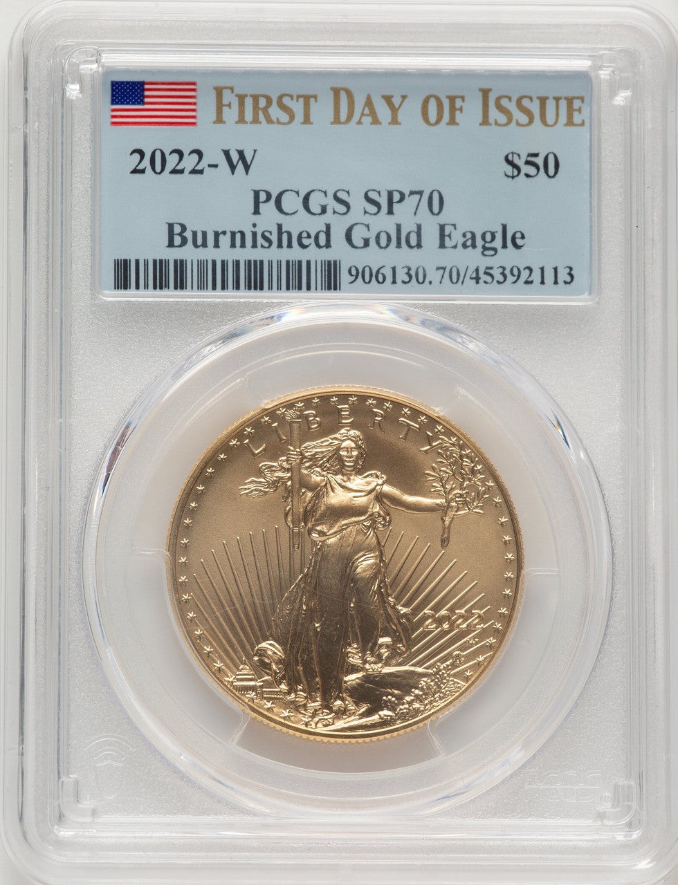 2022-W One-Ounce Gold Eagle Burnished FDI FDI Flag PCGS MS70