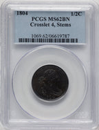 1804 1/2 C Crosslet 4 Stems BN Half Cent PCGS MS62