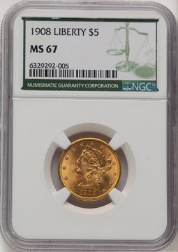 1908 $5 Liberty Green Label Liberty Half Eagle NGC MS67