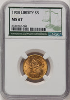 1908 $5 Liberty Green Label Liberty Half Eagle NGC MS67