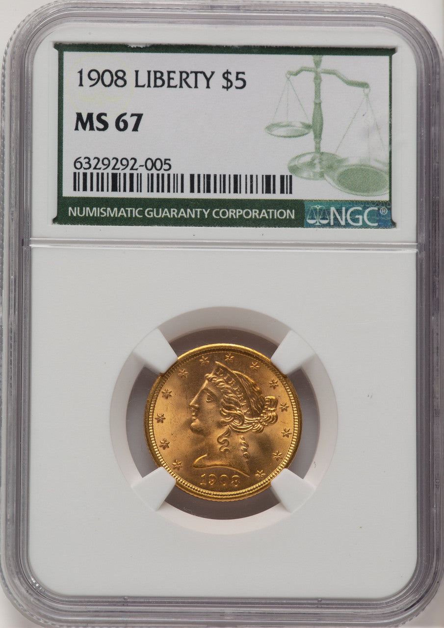 1908 $5 Liberty Green Label Liberty Half Eagle NGC MS67