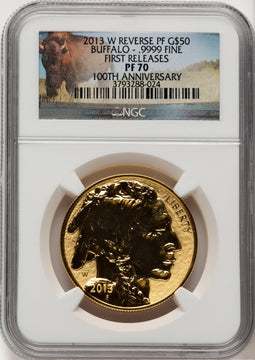 2013-W $50 One-Ounce Gold Buffalo Reverse Proof First Strike FR Bison Label NGC PF70