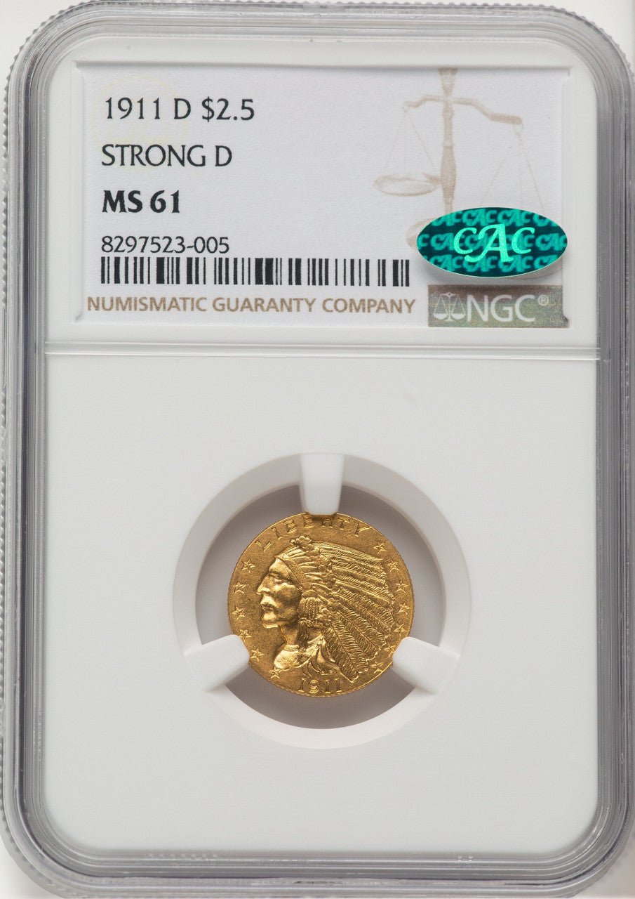 1911-D $2.50 CAC Indian Quarter Eagle NGC MS61