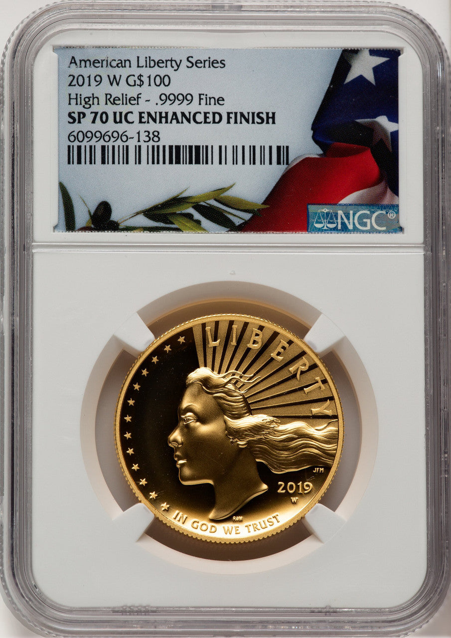 2019-W G$100 American Liberty High Relief Enhanced UC Bunting Flag NGC MS70