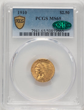 1910 $2.50 CAC Indian Quarter Eagle PCGS MS65