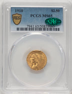 1910 $2.50 CAC Indian Quarter Eagle PCGS MS65