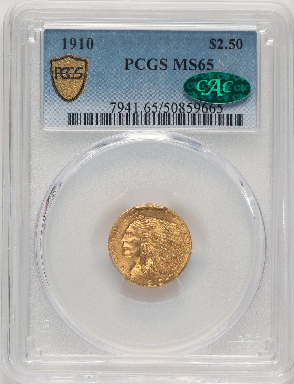 1910 $2.50 CAC Indian Quarter Eagle PCGS MS65