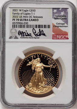 2021-W $50 One Ounce Gold Eagle T-1 First Strike Mike Castle NGC PF70