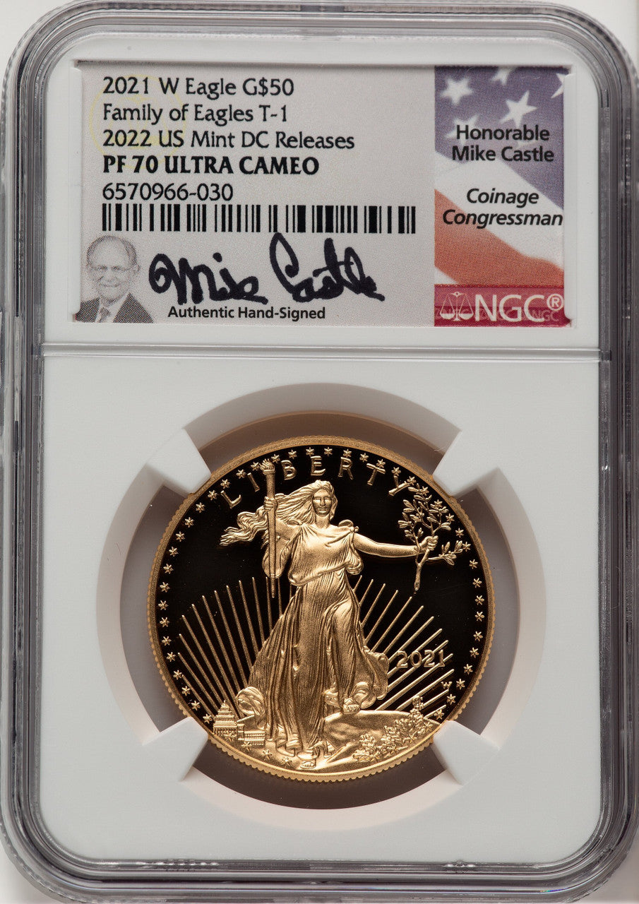 2021-W $50 One Ounce Gold Eagle T-1 First Strike Mike Castle NGC PF70