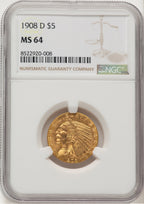 1908-D $5 Indian Half Eagle NGC MS64 (777515002)