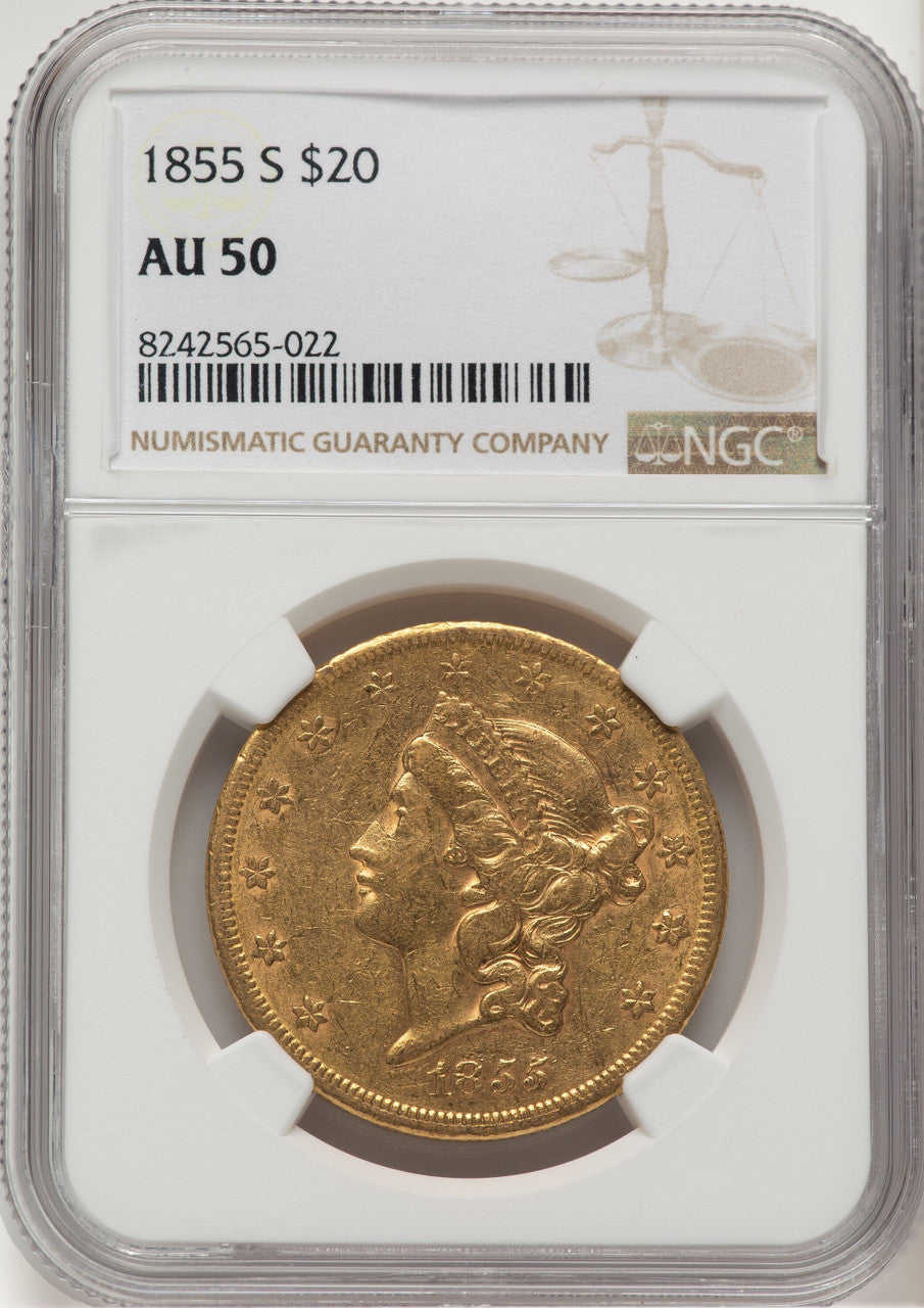 1855-S $20 Liberty Double Eagle NGC AU50