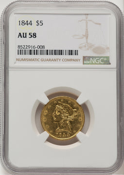1844 $5 Liberty Half Eagle NGC AU58