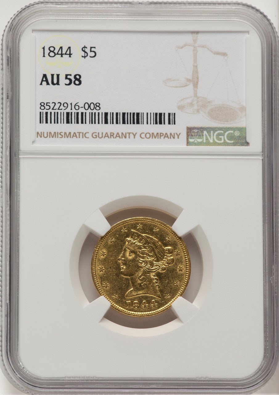 1844 $5 Liberty Half Eagle NGC AU58