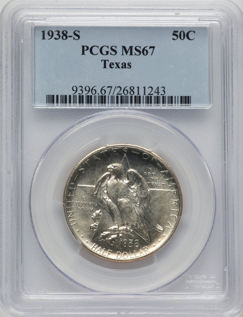 1938-S 50C Texas Commemorative Silver PCGS MS67 (778276026)