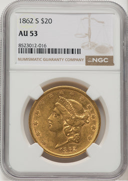 1862-S $20 Liberty Double Eagle NGC AU53
