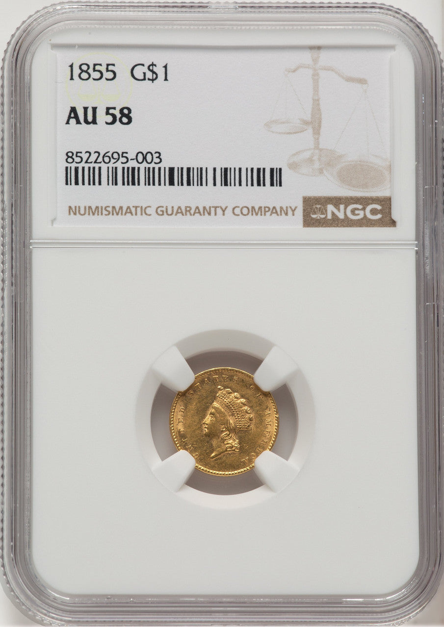 1855 G$1 Type Two Gold Dollar NGC AU58