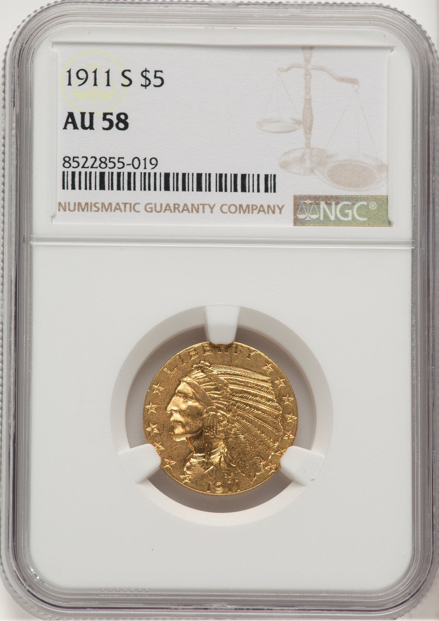 1911-S $5 Indian Half Eagle NGC AU58