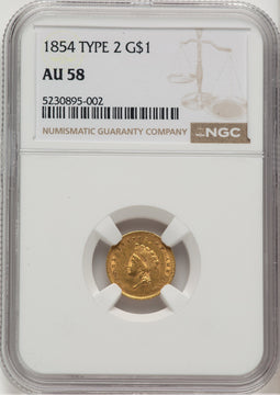 1854 G$1 Type Two Gold Dollar NGC AU58
