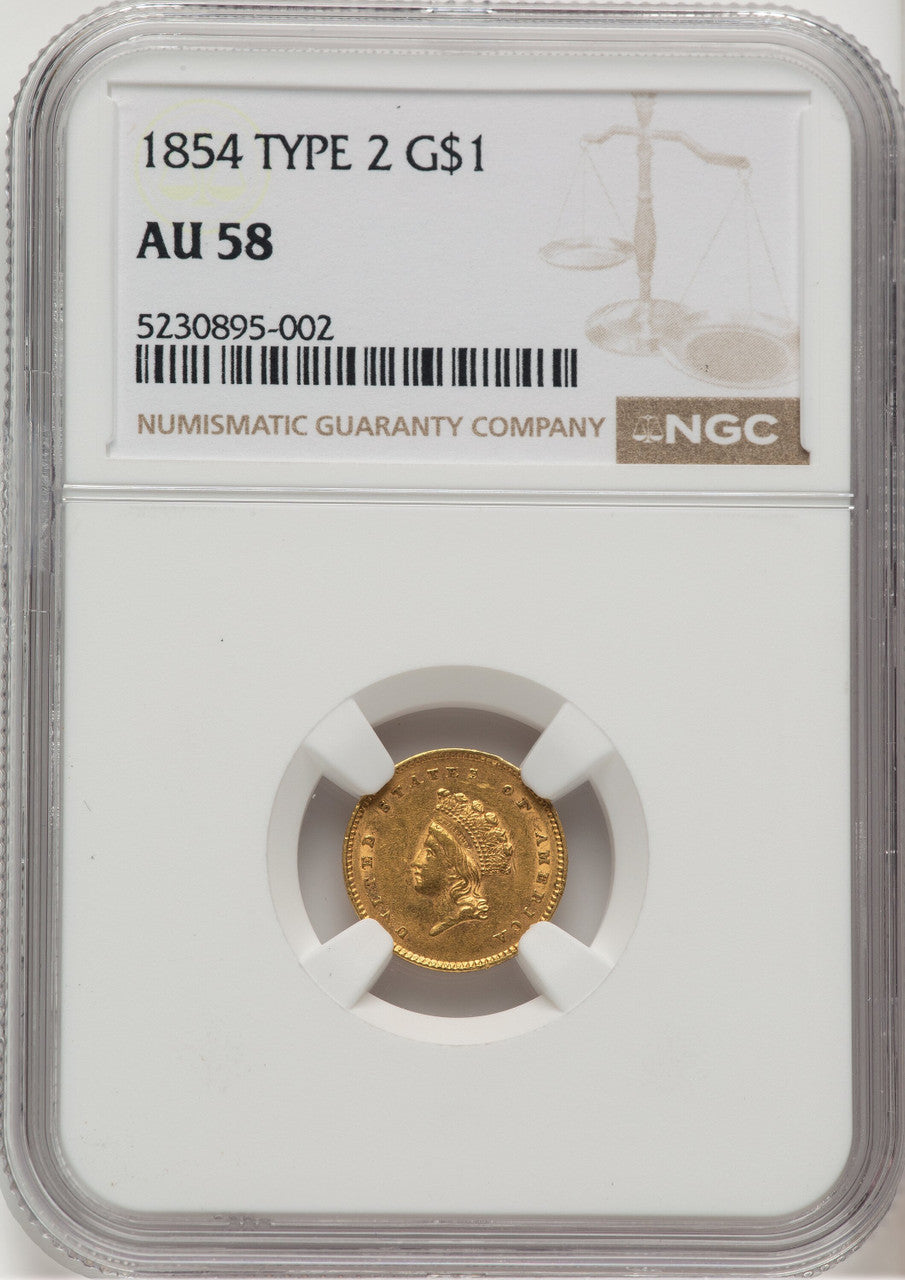 1854 G$1 Type Two Gold Dollar NGC AU58