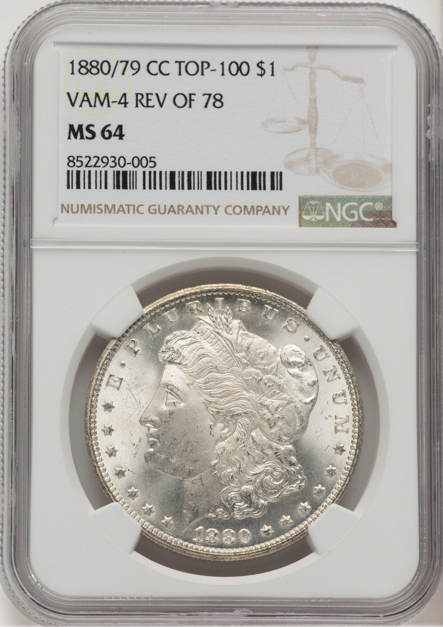 1880-CC80/79 Reverse of 1878 VAM-4 Morgan Dollar NGC MS64