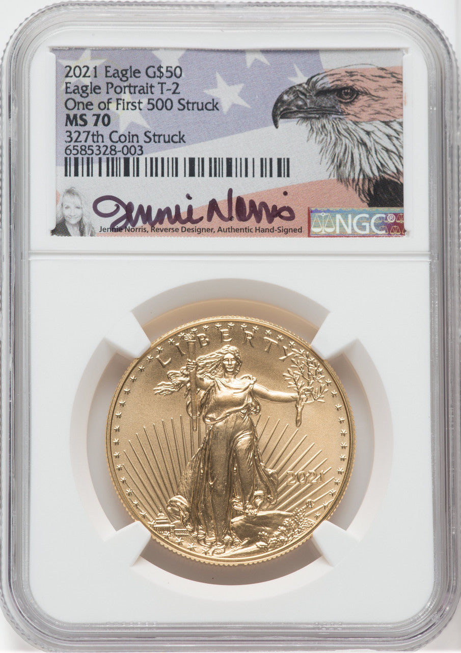 2021 $50 Gold Eagle Type 2 At Dusk & Dawn 35th Annv 327th NGC MS70 Jennie Norris Signed